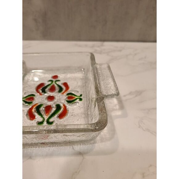 Alle Schönheit Walther Glass Serving Tray Clear Red/Green Floral WGermany Retro - Picture 7 of 8